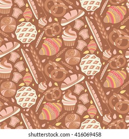 Seamless pattern for bakery theme with bread,loaf, croissant, cupcakes, pretzel and spike. Vector illustration