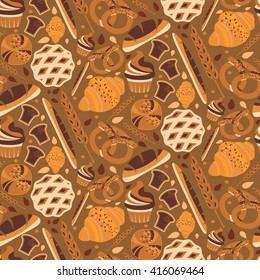 Seamless pattern for bakery theme with bread,loaf, croissant, cupcakes, pretzel and spike. Vector illustration