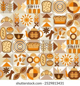 Seamless pattern with bakery themed icons, bread, geometric shapes on mosaic background. For branding, decoration of food packaging, decorative print for kitchen