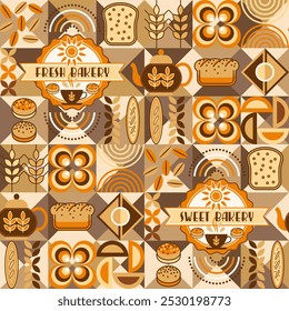 Seamless pattern with bakery themed icons, bread, logo, abstract geometric shapes on dark mosaic background. For branding of food packaging, decorative prints for kitchen