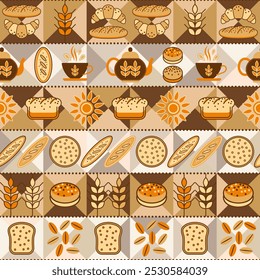 Seamless pattern with bakery themed icons, bread. Horizontal stripes on mosaic background. For branding, decoration of food packaging, decorative print for kitchen