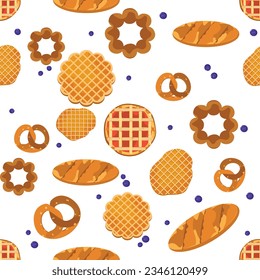 Seamless pattern of bakery treats, pies, donuts, bread, cookies, waffles, and blueberries. Creative texture for packaging, textiles, and wallpaper. Cute vector illustration with, a white background.