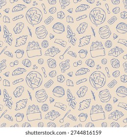 Seamless pattern of bakery whimsical doodles. Hand drawn food elements for morning meal design