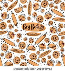 Seamless pattern with baking and Best Bakery calligraphy letteing. Sketch various pastries for digital paper, textile fabric, wrapping. Sweet baked food cupcake, bun, loaf, cookies, croissant and roll