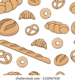 Seamless pattern with baking. Bread, bun, baguette, donut, croissant, cookies. Vector illustration. Suitable for printing on wrapping paper, textiles, menu design.