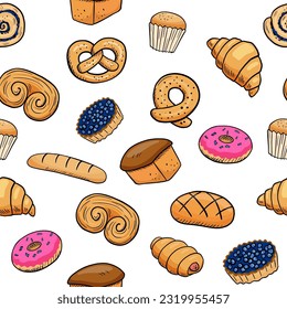 Seamless pattern with baking. Hand drawn vector doodle illustrations of sweet pastries on white background.