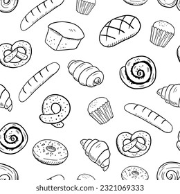 Seamless pattern with baking. Hand drawn vector doodle illustrations of sweet pastries on white background.