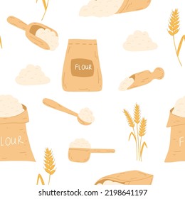 Seamless pattern with baking ingredients in flat style on white background. Bag with flour, wheat ear spikelet, wooden scoop. Vector illustration of pastry cooking for backery packaging, flour