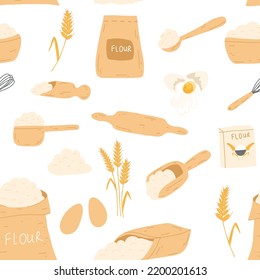 Seamless pattern with baking ingredients in flat style on white background. Bag with flour, eggs, kitchen whisk, rolling pin, wheat ear spikelet. Vector illustration of pastry cooking for backery