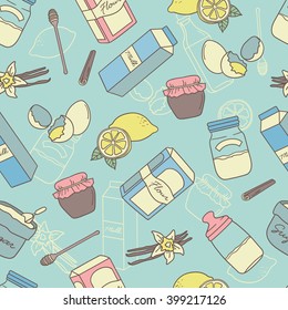 Seamless pattern with baking ingredients, hand drawn icons. Design background vector. Colorful illustration with groceries icon. Decorative wallpaper, good for printing