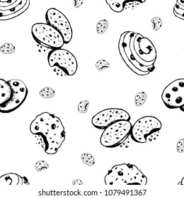 seamless pattern with baking, pastry, black and white image on white background, contour, hand drawing style, vector illustration
