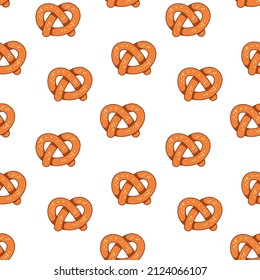 Seamless pattern with baking pretzel on a white background. Vector illustration of a muffin in a minimalistic flat style, hand drawn. Print for bakery textiles, print design, postcards
