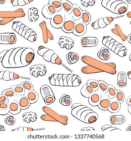 Seamless pattern with baking, teat in dough. For the menu of the bakery, restaurant, packaging, design.