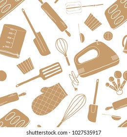 Seamless pattern of baking tools in brown silhouette random on white background. Cute vector illustration of cooking stuff in hand drawn style for background design.