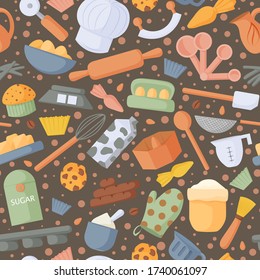 Seamless pattern with baking tools and elements. Design for menu, packaging, wallpaper, print, fabric. Vector illustration.