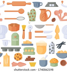 Seamless pattern with baking tools and elements isolated on white background. Design for menu, packaging, wallpaper, print, fabric. Vector illustration.