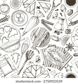 Seamless pattern with baking tools and ingredients