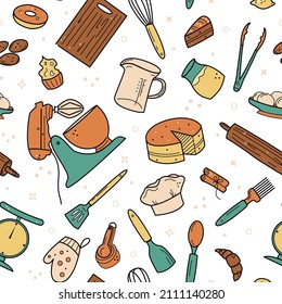 Seamless pattern with baking tools and various desserts, cake, donut, cookie, croissant. Color vector illustration in doodle cartoon style for fabric, design menu, wrapping paper 