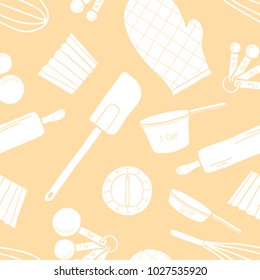 Seamless pattern of baking tools in white silhouette random on pastel pink background. Cute vector illustration of cooking stuff in hand drawn style for background design.