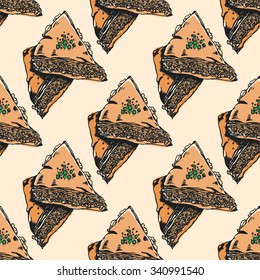 Seamless pattern baklava. Sketch of baklava background. Seamless texture of arabian dessert vector baklava. Colorful sketch dessert. Food illustration for design, menu, wrapping, cafe etc