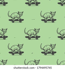 
Seamless pattern with a bald cat on a skateboard. Design for fabric, wallpaper, napkins, textiles, packaging, backgrounds.