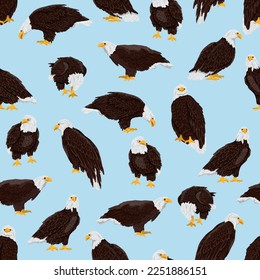 Seamless pattern with bald eagles. Wild birds eagles fly, stand and sit on branches. USA symbol. Realistic animal vector