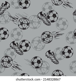 Patrón sin foco con pelota y zapato de fútbol. Antecedentes para textiles, tela, papel, ropa, medias, papel de embalaje y otros diseños.
