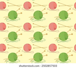 Seamless pattern with ball of threads and knitting needles. Vector colorful background in flat style.	