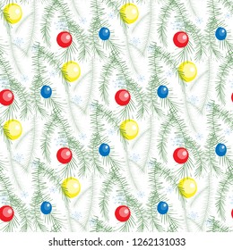 Seamless pattern of ball toys and green spruce branches, Christmas and new year holiday background for printing, fabrics