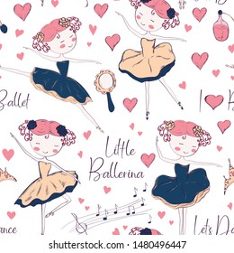 Seamless pattern with ballerina and accessories.  Hand drawn design for Birthday and Baby Shower greeting cards, fabric, wrapping paper, invitation, stationery. Vector illustration.