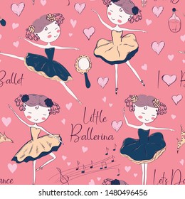 Seamless pattern with ballerina and accessories.  Hand drawn design for Birthday and Baby Shower greeting cards, fabric, wrapping paper, invitation, stationery. Vector illustration.