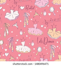 Seamless pattern with ballerina and accessories.  Hand drawn design for Birthday and Baby Shower greeting cards, fabric, wrapping paper, invitation, stationery. Vector illustration.