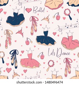 Seamless pattern with ballerina and accessories.  Hand drawn design for Birthday and Baby Shower greeting cards, fabric, wrapping paper, invitation, stationery. Vector illustration.