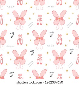 Seamless pattern of ballerina accessories including fairy wings, ballerinas, hair pins, hair clip, eyelashes and stars. Great for textile print, invitations, or packaging. Vector file.