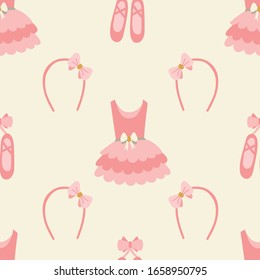 Seamless pattern of ballerina dress, headbands and dance shoes on a creme background.