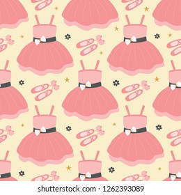 Seamless pattern of ballerina dresses, ballerinas, flowers, and stars. Great for textile print, invitations, or packaging. Vector file.