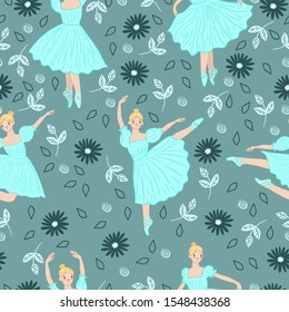 Seamless pattern with ballerinas and flowers in blue tones .Vector graphic.