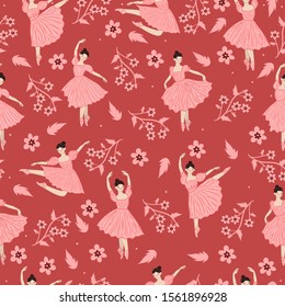 Seamless pattern with ballerinas and flowers of pink color. Vector graphics.