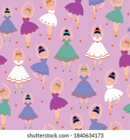 Seamless pattern with ballerinas girls and hearts on pink background. Vector illustratiom. 