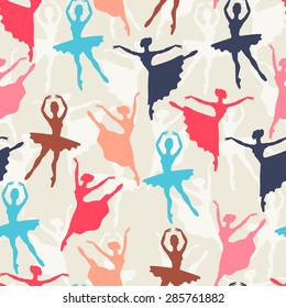 Seamless pattern of ballerinas silhouettes in dance poses.