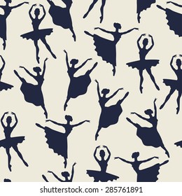 Seamless pattern of ballerinas silhouettes in dance poses.