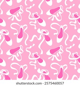 Seamless pattern in ballet core style. White shoes on a pink background. Delicate girly print for for fabric, wrapping paper, textile, wallpaper