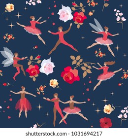 Seamless pattern with ballet dancers, elf and fairy in red clothes on beautiful floral background. Print for fabric, paper, wallpaper. Fashionable vector illustration.