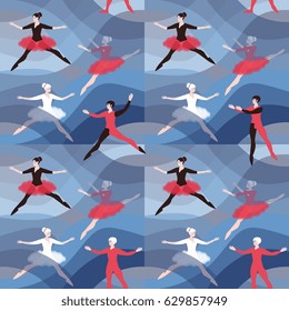 Seamless pattern with ballet dancers on blue background. Vector design.