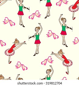 Seamless pattern of ballet dancers. Ballet studio. Cute characters of ballerinas. Ballet poses. Vector illustration