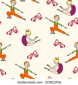 Seamless pattern of ballet dancers. Ballet studio. Cute characters of ballerinas. Ballet poses. Vector illustration