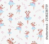 A seamless pattern with a ballet dancing deer girl, a cute girly ballet background in pastel colors, a kid character in various ballet postures, a deer ballerina wearing a tutu, pink ballet slippers 