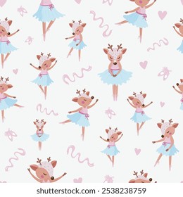 A seamless pattern with a ballet dancing deer girl, a cute girly ballet background in pastel colors, a kid character in various ballet postures, a deer ballerina wearing a tutu, pink ballet slippers 