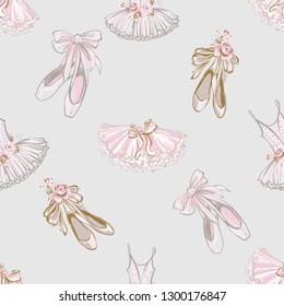 Seamless pattern with ballet pointe shoes and tutu dress. Ballet dance school promo backdrop. Hand drawn vector watercolor illustration on white background. Baby fashion design for little princess.