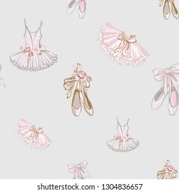 Seamless pattern with ballet pointe shoes and tutu dress. Ballet dance school promo backdrop. Hand drawn vector watercolor illustration on white background. Baby fashion design for little princess.